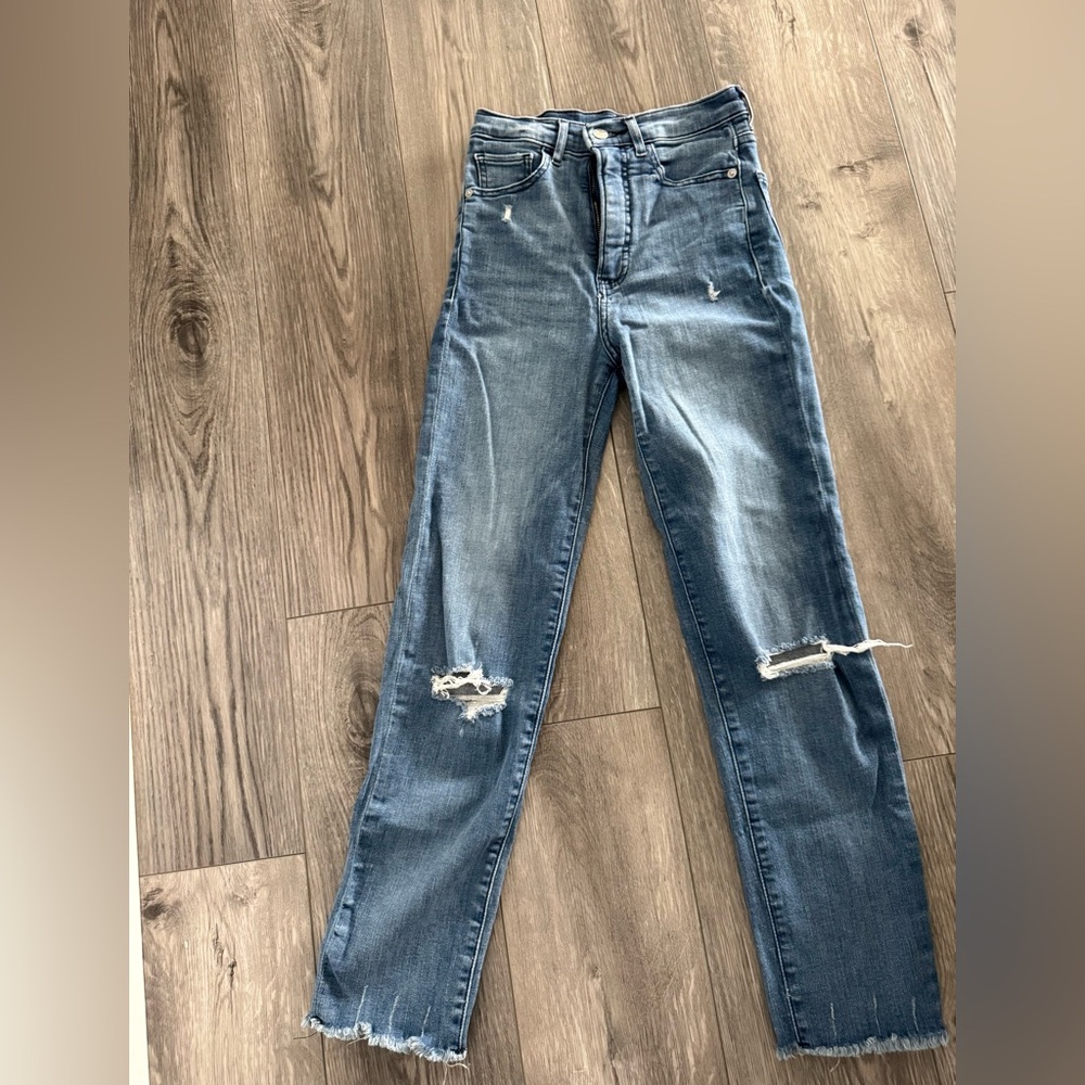 Express Super High Rise Slim Jeans 00R Distressed Raw Hem 25x27